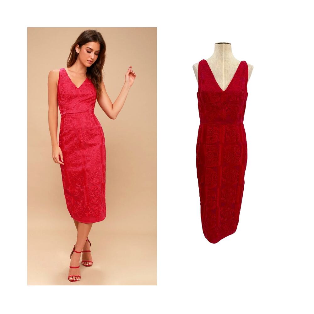 Finders Keepers Spectrum Red Embroidered Midi Dress Sheath V Neck NWT Medium
